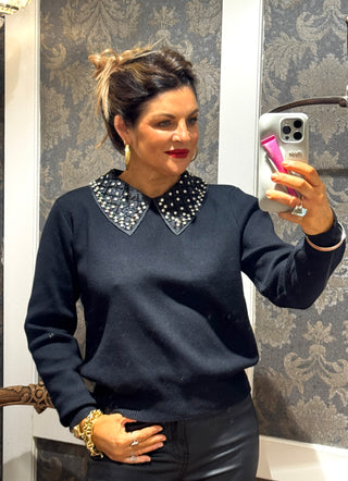 Sheafer Knit with Diamanté Collar - Black