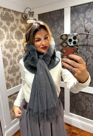 Bentley Fur Neck Scarf with Fringing - Dark Grey