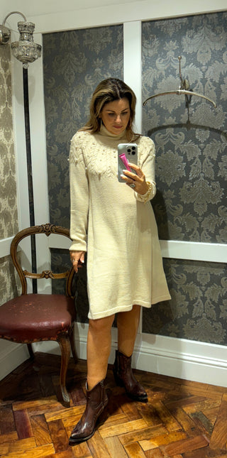 Joris soft knit dress with pearls - cream