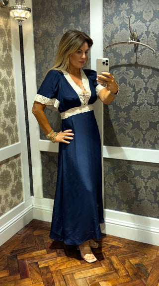 Felicity Dress with Lace Trim - Navy