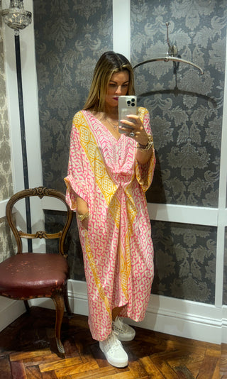 Kaftan lightweight loose print dress with pockets in pink & yellow-www.neola.ie