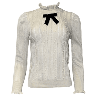 Eli Textured Knit with Black Velvet Bow - Cream