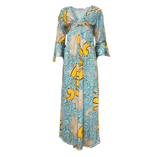 Yolanda Print Dress with Sleeve - Turq/Yellow