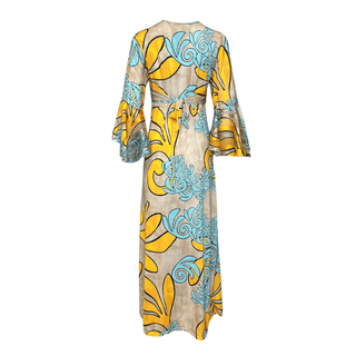 Yolanda Print Dress with Sleeve - Turq/Yellow