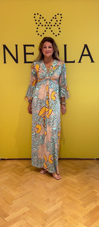 Yolanda Print Dress with Sleeve - Turq/Yellow